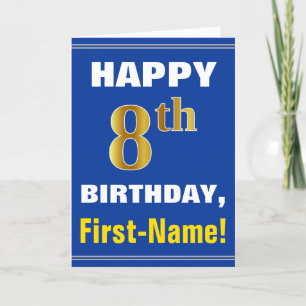 Bold, Blue, Faux Gold 8th Birthday w/ Name Card