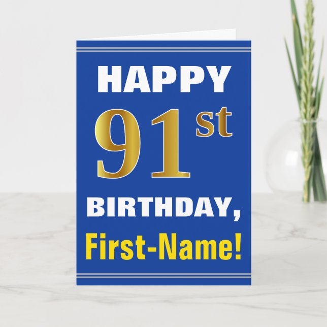 Bold, Blue, Faux Gold 91st Birthday w/ Name Card (Front)