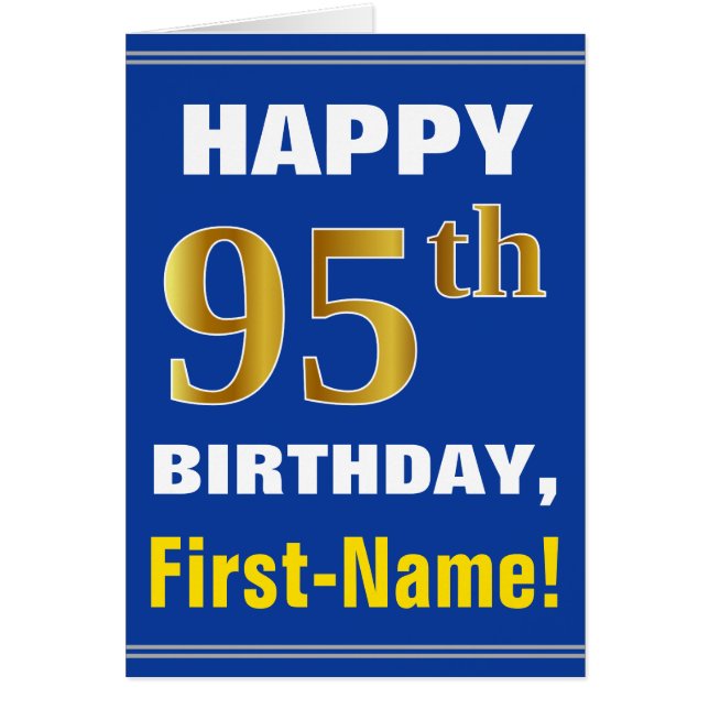 Bold, Blue, Faux Gold 95th Birthday w/ Name Card (Front)