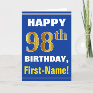 Bold, Blue, Faux Gold 98th Birthday w/ Name Card