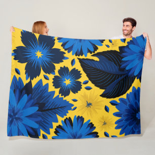 Bold Blue Floral on Vibrant Yellow Background Fleece Blanket
