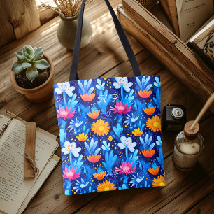 Bold Blue Floral Pattern – Playful Botanical Tote Bag