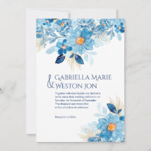 Bold Blue Floral Themed Wedding Invitation