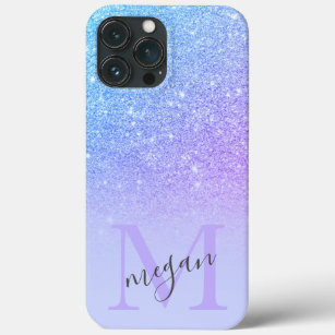 Bold blue glitter ombre chic purple monogrammed iPhone 13 pro max case
