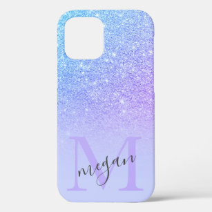 Bold blue glitter ombre chic purple monogrammed iPhone 12 case
