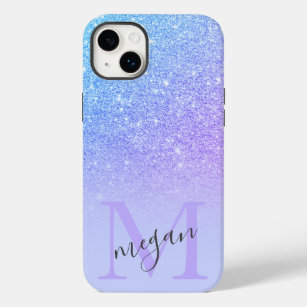 Bold blue glitter ombre chic purple monogrammed Case-Mate iPhone 14 plus case