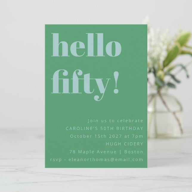 Bold Blue Green Cute Simple Modern 50th Birthday Invitation (Standing Front)