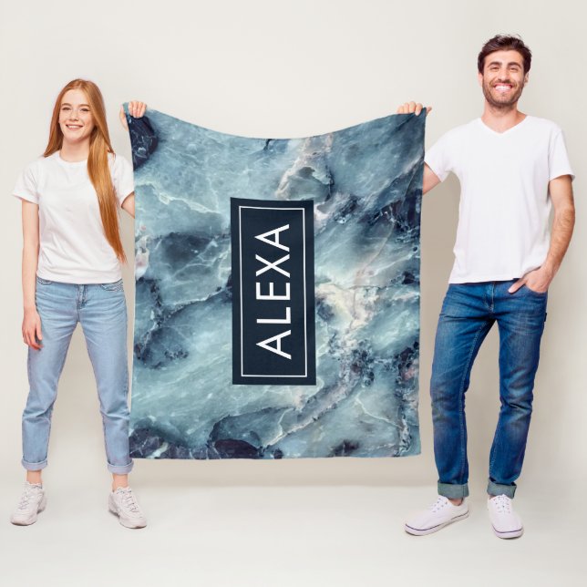 Bold blue-grey faux marble texture fleece blanket (In Situ)