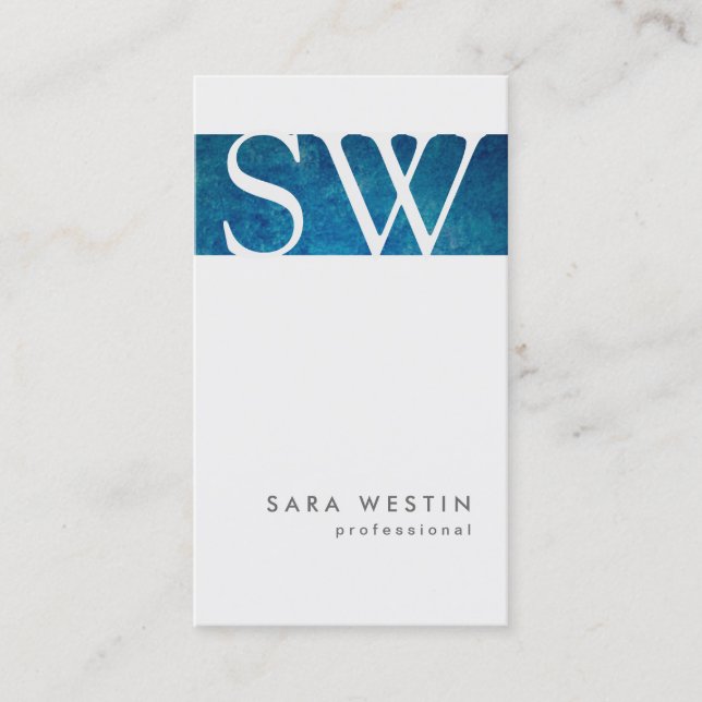 Bold Blue Grunge Stripe Monogram Business Card (Front)