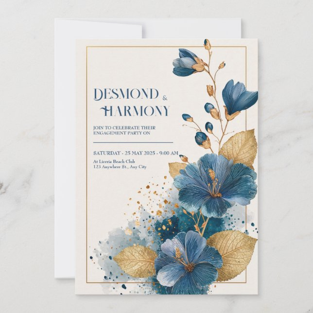 Bold Blue Hibiscus & Gold Leaves Wedding  Invitation (Front)
