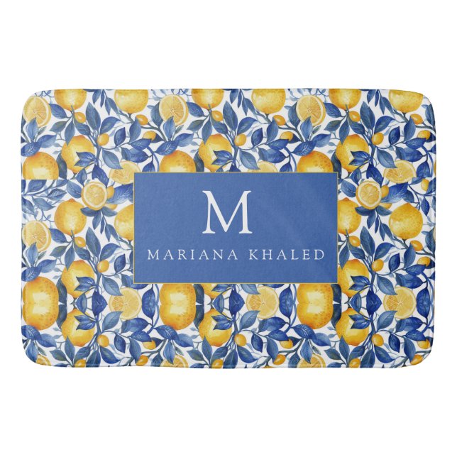 Bold Blue Italian Positano Lemon Bath Mat (Front)