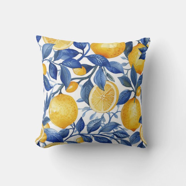 Bold Blue Italian Positano Lemon Cushion (Front)