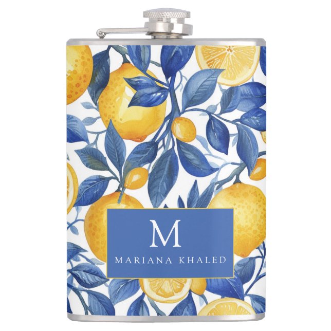 Bold Blue Italian Positano Lemon Hip Flask (Front)