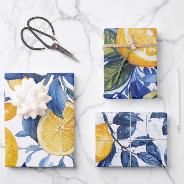 Bold Blue Italian Positano Lemon Wrapping Paper Sheet (Front)