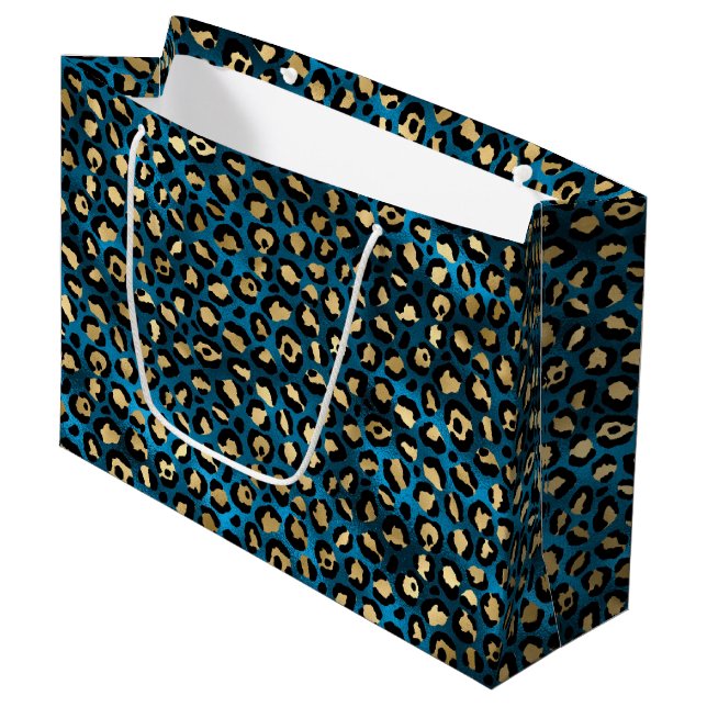 Bold Blue Leopard Print | Glam Animal Pattern Large Gift Bag (Front Angled)