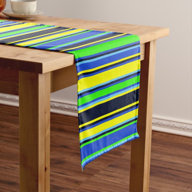 Bold Blue, Lime, & Yellow Striped Table Runner (In Situ)