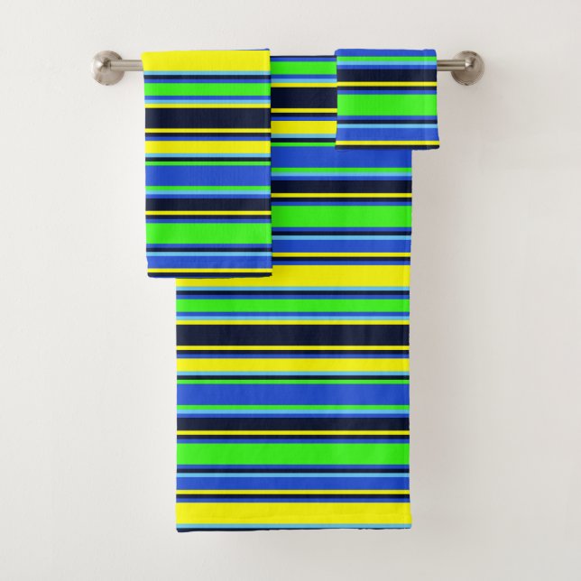 Bold Blue, Lime, & Yellow Striped Towel Set (Insitu)