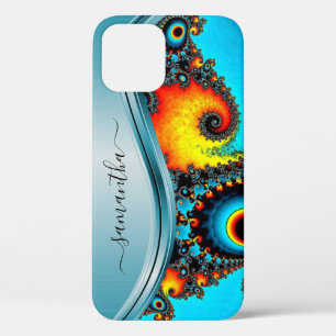 Bold Blue  Metallic Handwritten Monogram iPhone 12 Case