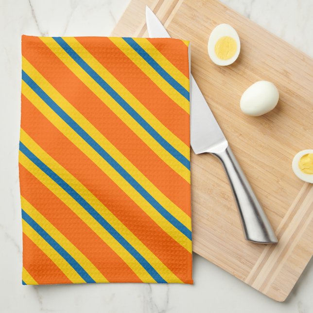Bold Blue, Orange And Yellow Stripe Pattern Tea Towel (Quarter Fold)