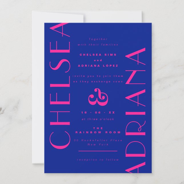 Bold Blue Pink Art Deco Typography Wedding Invitation (Front)