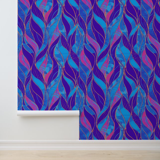 Bold Blue Pink Purple Botanical Leaf Pattern Wallpaper (Application)