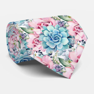 Bold Blue Pink Succulents Tie