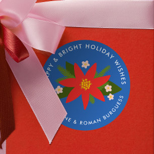 Bold Blue Poinsettia Christmas Holiday Gift Label