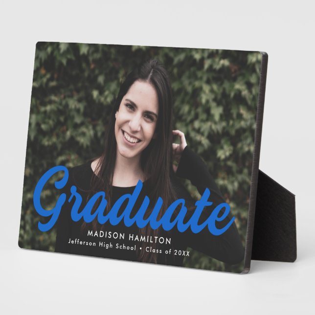 Bold Blue Script Graduation Photo Plaque (Side)