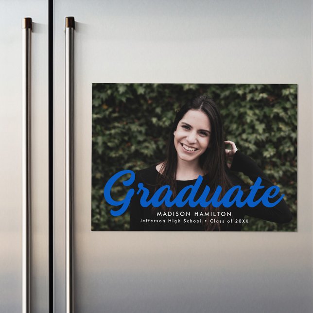 Bold Blue Script Photo Graduation Announcement (Creator Uploaded)