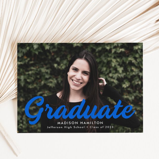 Bold Blue Script Photo Graduation Announcement (Creator Uploaded)