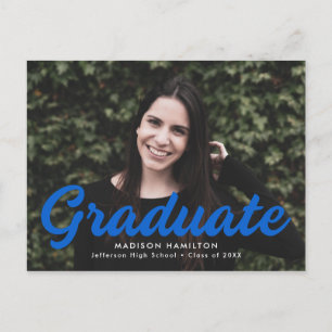 Bold Blue Script Photo Graduation Party Invitation Postcard