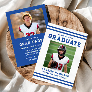 Bold Blue Stripes Athletic Photo Graduation Party Invitation