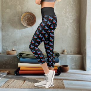 Bold Blue Traditional Swallow Bird Tattoo Style Capri Leggings