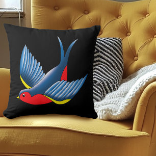 Bold Blue Traditional Swallow Bird Tattoo Style Cushion