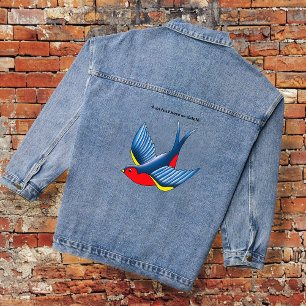 Bold Blue Traditional Swallow Bird Tattoo Style Denim Jacket