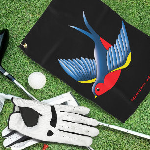 Bold Blue Traditional Swallow Bird Tattoo Style Golf Towel