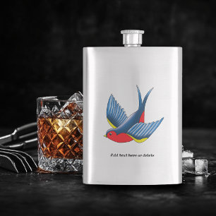 Bold Blue Traditional Swallow Bird Tattoo Style Hip Flask