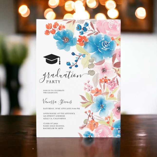 Bold blue watercolor flowers graduation invitation (Bold blue watercolor flowers graduation invitation)