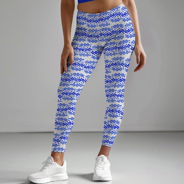 Bold Blue White Batik Circle Block Print Abstract Leggings (Creator Uploaded)