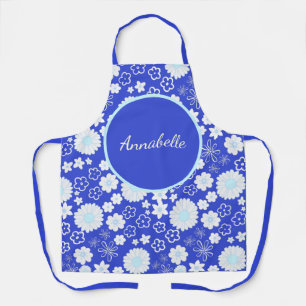 Bold Blue White Flowers Floral Pattern Named   Apron