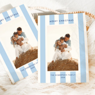 Bold Blue & White Retro Stripe Photo Christmas Holiday Card