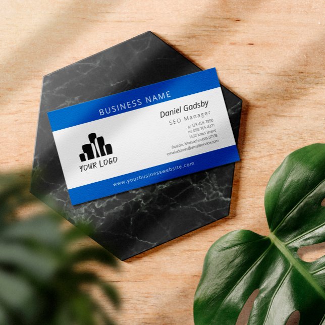 Bold Blue White Your Logo One Sided Business Card (Creator Uploaded)