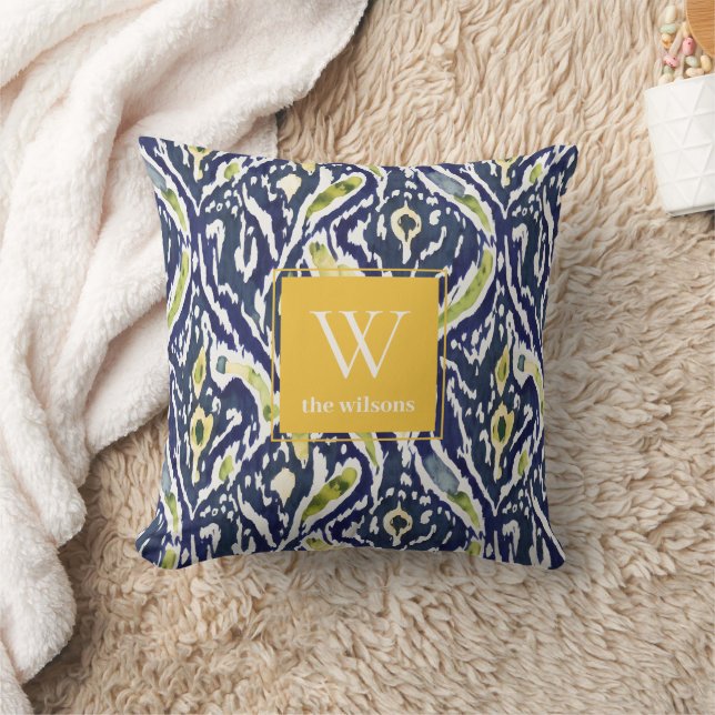 Bold Blue Yellow Abstract Classy Ikat Monogram Cushion (Blanket)