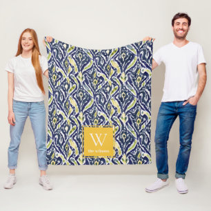 Bold Blue Yellow Abstract Classy Ikat Monogram Fleece Blanket