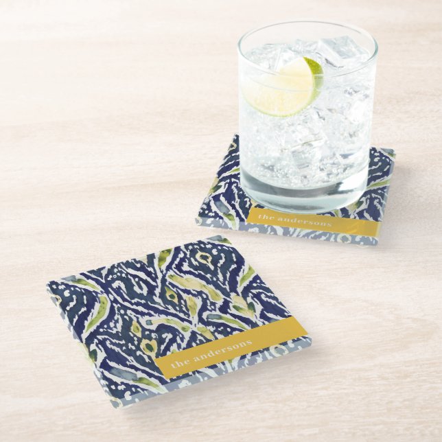 Bold Blue Yellow Abstract Classy Ikat Monogram Glass Coaster (Angled)