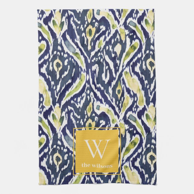 Bold Blue Yellow Abstract Classy Ikat Monogram Tea Towel (Vertical)