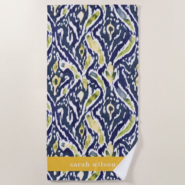 Bold Blue Yellow Abstract Classy Ikat Pattern Beach Towel (Front)