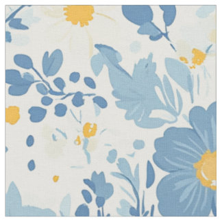 Bold Blue Yellow Cottage Garden Floral Pattern Fabric