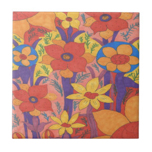Bold Bohemian Orange Garden Print Ceramic Tile
