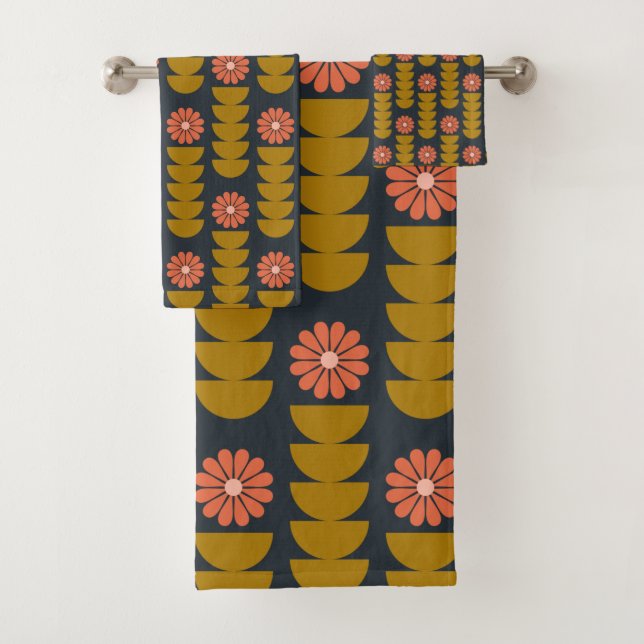 Bold Boho Botanical Geometric Blue Gold  Bath Towel Set (Insitu)